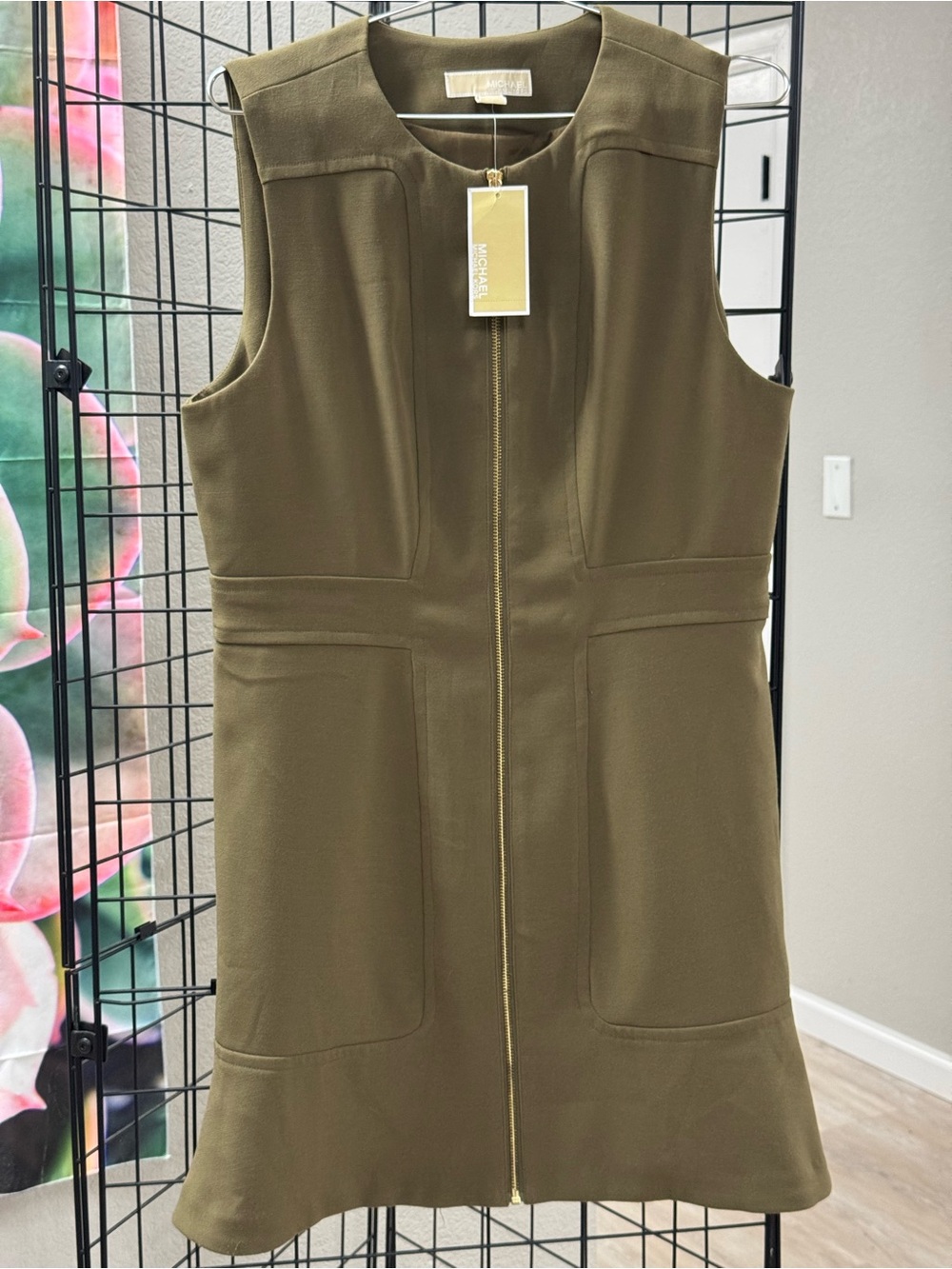 Michael Kors Olive Zip-Front Sleeveless Shift Dress size 14 MSRP $325 pit21, L35